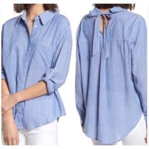Rails Top Womens Small Blue Mimi Maldives Stripe Button Down Bow Neck Blouse